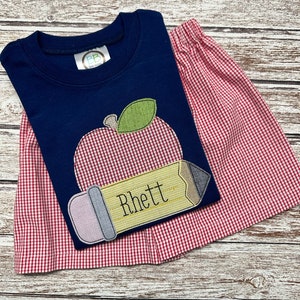 Boy&#39;s back to school short set; Boy&#39;s first day of school short set; Boy&#39;s school shirt and shorts; navy short sleeve shirt; gingham shorts