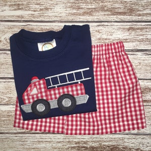 FIRETRUCK short set; Boy&#39;s SUMMER short set; FIRETRUCK shirt; red gingham shorts, navy shirt