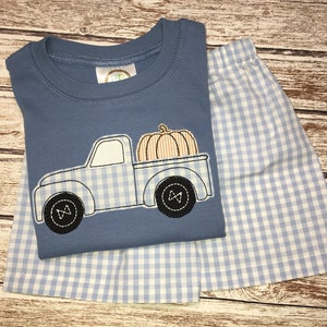 Boy&#39;s Fall shirt; Boy&#39;s pumpkin shirt; Pumpkin truck; Pumpkin; Pumpkin Patch; Blue truck; Boy&#39;s Fall short set; THANKSGIVING SHIRT