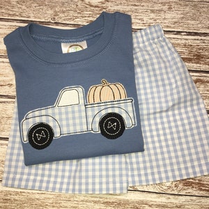 Boys Fall shirt; Boys pumpkin shirt; Pumpkin truck; Pumpkin; Pumpkin Patch; Blue truck; Boys Fall short set