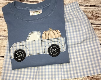 Boys Fall Outfit: Pumpkin Truck Applique Shirt & Handmade Shorts