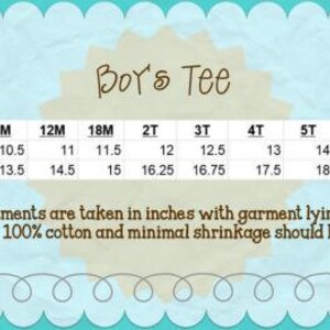 May include: Size chart for a boy's tee shirt, showing chest width and length measurements in inches for sizes 6M to 8. The chart indicates that the garment is 100% cotton and minimal shrinkage should be expected.