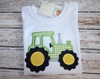 Boy's Tractor Shirt: Green Gingham Applique