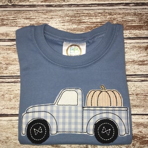 Boy's Fall shirt; Blue truck shirt; Pumpkin;blue shirt; boy's blue truck shirt