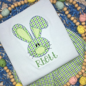 Light Blue Gingham Easter Bunny Applique Shortalls