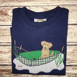 DOG BOAT shirt; Boy&#39;s SUMMER shirt; dog in boat shirt; navy shirt