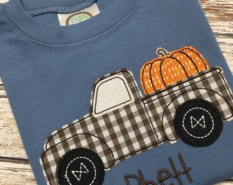 Boy's Fall shirt; Blue shirt brown truck; Pumpkin;Pumpkin patch; short sleeve; long sleeve; Thanksgiving shirt