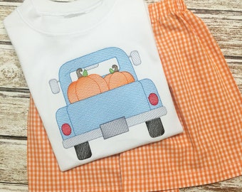 Boys Fall short set; Pumpkin short set; pumpkin truck; blue truck; orange shorts; Boy's fall set; Boy's pumpkin shirt; Boy's fall shirt