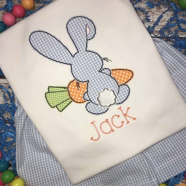 Boy's EASTER short set; white shirt; blue gingham seersucker shorts; Boy's Easter shirt; Bunny shirt; Boy's Easter outfit; Toddler boy set;