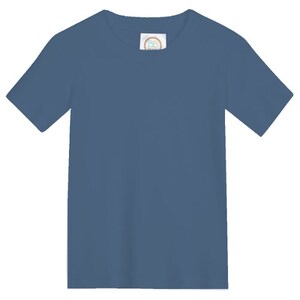 May include: A plain blue short-sleeved t-shirt for children.