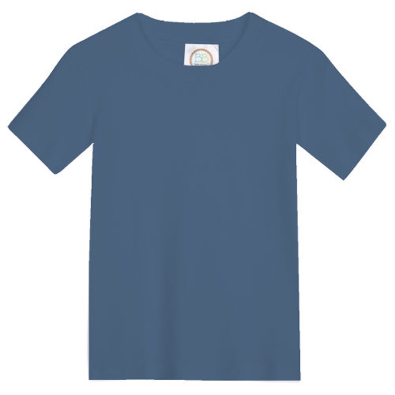 May include: A plain blue short-sleeved t-shirt for children.