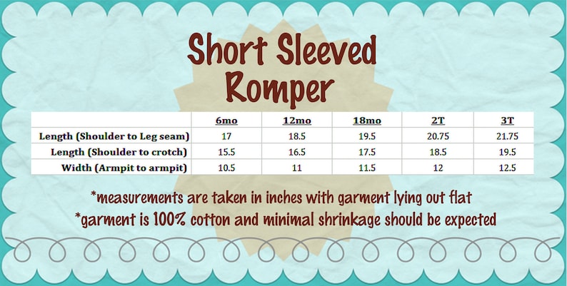 May include: Size chart for a short-sleeved romper in sizes 6 months to 3T. Measurements are in inches, including length from shoulder to leg seam, shoulder to crotch, and armpit to armpit. The garment is 100% cotton and minimal shrinkage is expected.