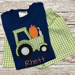 Boy&#39;s Fall short set; Pumpkin shirt; Tractor shirt; navy shirt; Pumpkin patch; Thanksgiving shirt