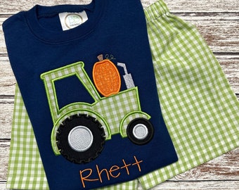 Tenue d'automne pour garçons : chemise citrouille tracteur, short fait main