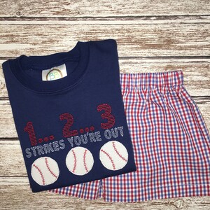 BASEBALL short set; Boy&#39;s SUMMER short set; baseball shirt; blue red tri check shorts, navy shirt