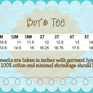 May include: A chart showing the chest width and length measurements in inches for boys' tees in sizes 6M to 8. The chart is on a light blue background with a brown border.