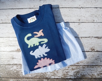 Boy's Dinosaur Applique Short Set: Handmade Summer Outfit