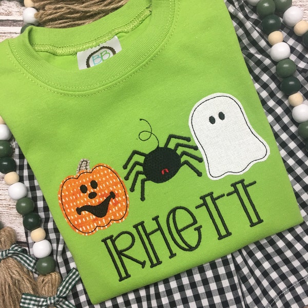 Boy's Personalized Halloween Shirt, Pumpkin, Ghost, Spider Applique