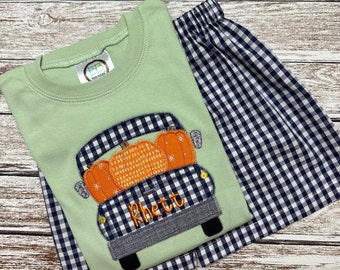 Boys' Pumpkin Truck Shirt Set: Sage Green Fall Outfit