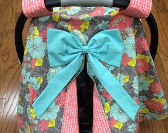 Teal & Coral Floral Car Seat Canopy