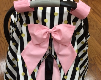 Pink & Black Striped With Gold Polka Dots Car Seat Canopy