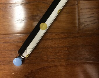 Black & White Striped Blue Pacifier Clip