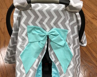 Gray Chevron & Mint Minky Car Seat Canopy