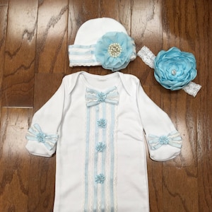 Blue Lace Coming Home Outfit Set With Cap & Headband