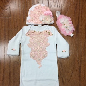 Pink Flowers Coming Home Outfit / Gown, Cap & Headband Set