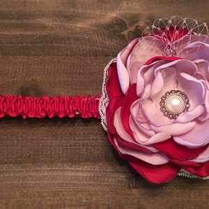 Red & Dusty Rose Flower Headband with Pearl/Rhinestone Button