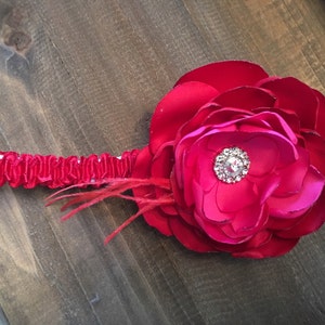 Red & Hot Pink Center Flower Headband with Rhinestone Button