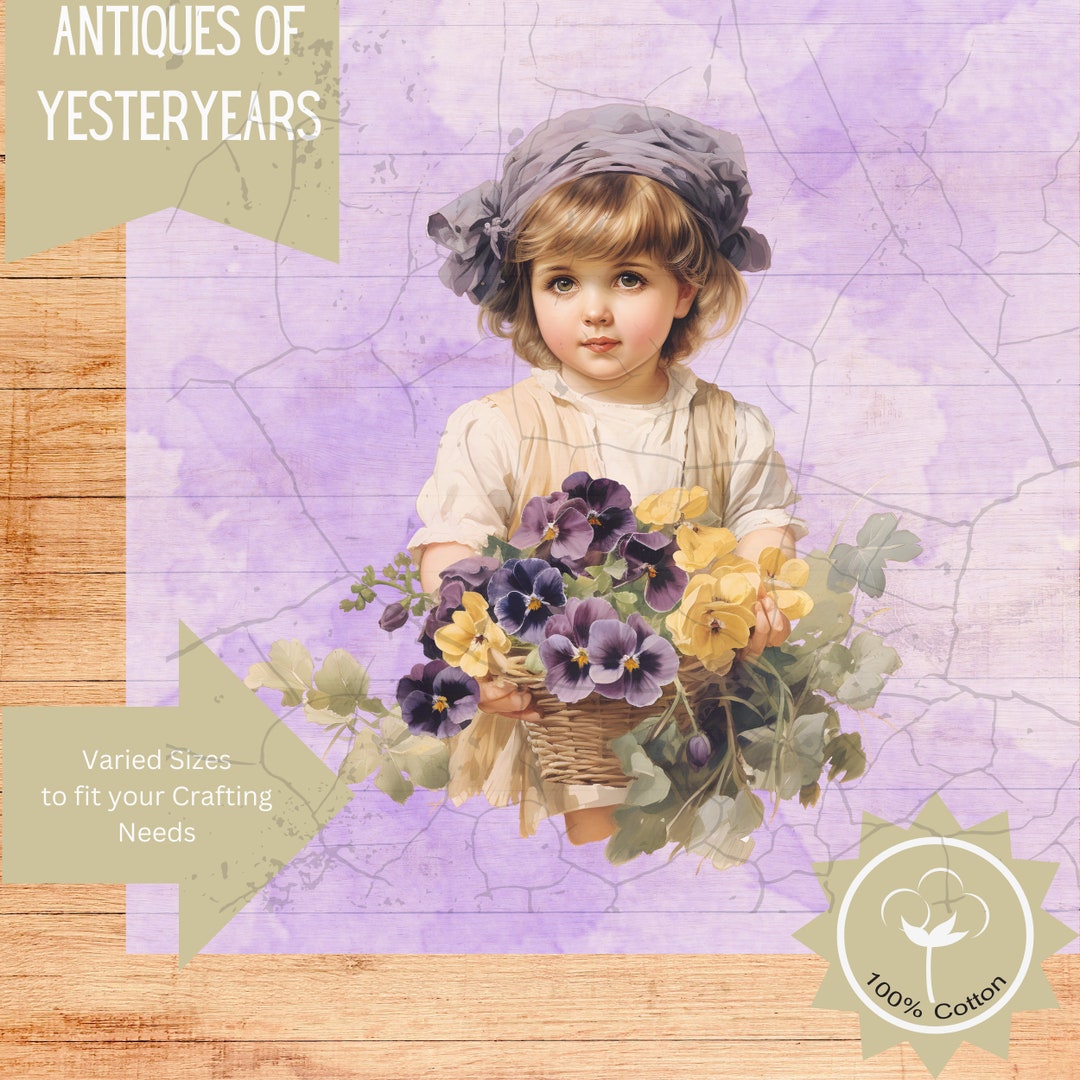 Vintage Pansy Children Image on Fabric Panel Quilt Block DIY Quilting