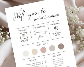 Bridesmaid Proposal Spec Sheet Card Template, Minimal Clean Aesthetic, Will You Be My Bridesmaid/MOH, Canva Editable Note, Digital Download