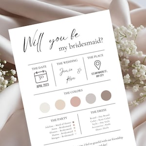 Bruidsmeisje voorstel specificatieblad kaartsjabloon, minimale schone esthetiek, zul je mijn bruidsmeisje/MOH zijn, Canva bewerkbare notitie, digitale download