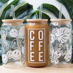 Coffee Glass with Bamboo Lid and Glass Straw, Beer Can Glass, Iced Coffee Glass, Glass Can for Iced Coffee, Smiley Face, Gifts for Her