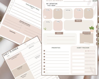 2024 Digital Planner for Monthly, Weekly, Daily Planning, Simple Productive Log for 2024, Undated, Printable PDF, Cute and Neutral Theme