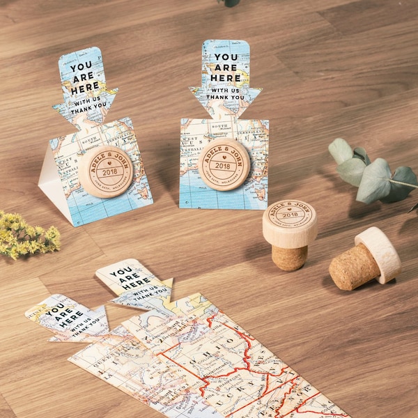 Personalized Wedding Favors: Laser Engraved Wine Cork Stopper with Map Card