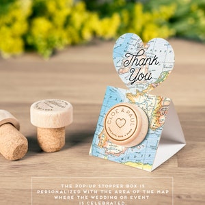 Bruiloft bedankjes wijnstopper gepersonaliseerd met aangepaste pop-up stop vintage kaartkaart - origineel idee - trouwbedankjes voor reizen - gratis verzending