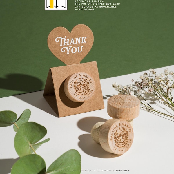 Gepersonaliseerde huwelijksbedankje: gegraveerde wijnkurkstop met kraftpapier bedankkaart - decor voor dubbel gebruik