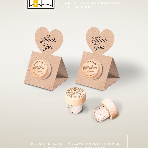 Wedding Favors - Personalized Wine Cork Stopper with Thank You KRAFT Pop-up Stopper Stand CARD - Original idea - Free Shipping