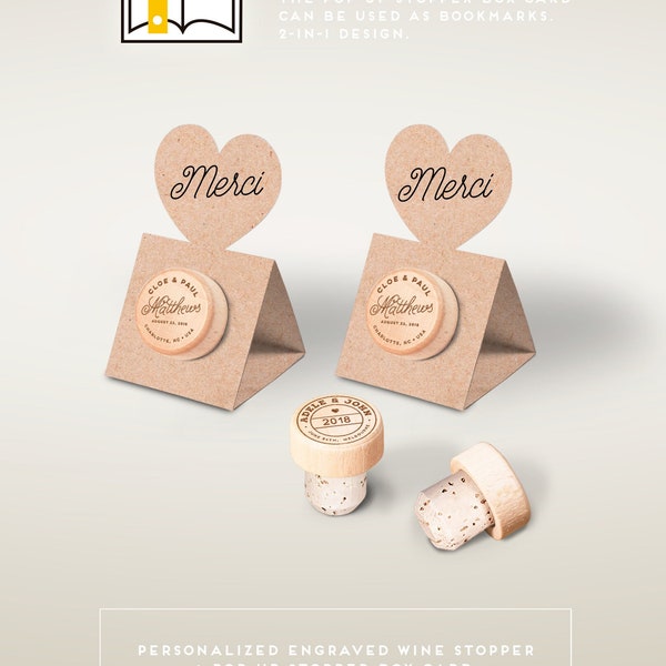 Cadeaux invites mariage Favors - Personalized Wine Cork Stopper with Merci KRAFT Pop-up Stopper Stand Card - Original idea - Free Shipping