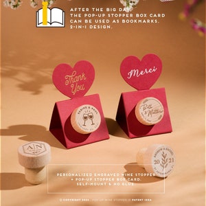 Tapón de vino personalizado para recuerdo de boda - Tarjeta de agradecimiento desplegable en color borgoña - Tarjeta de agradecimiento personalizada con impresión tipográfica