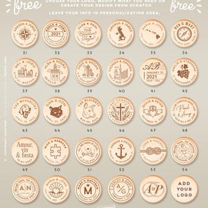 May include: Wooden bottle stoppers with engraved designs. Each stopper features personalized text, dates, and graphics, including city skylines, compasses, and illustrations of animals. The stoppers are round and made of light-colored wood.