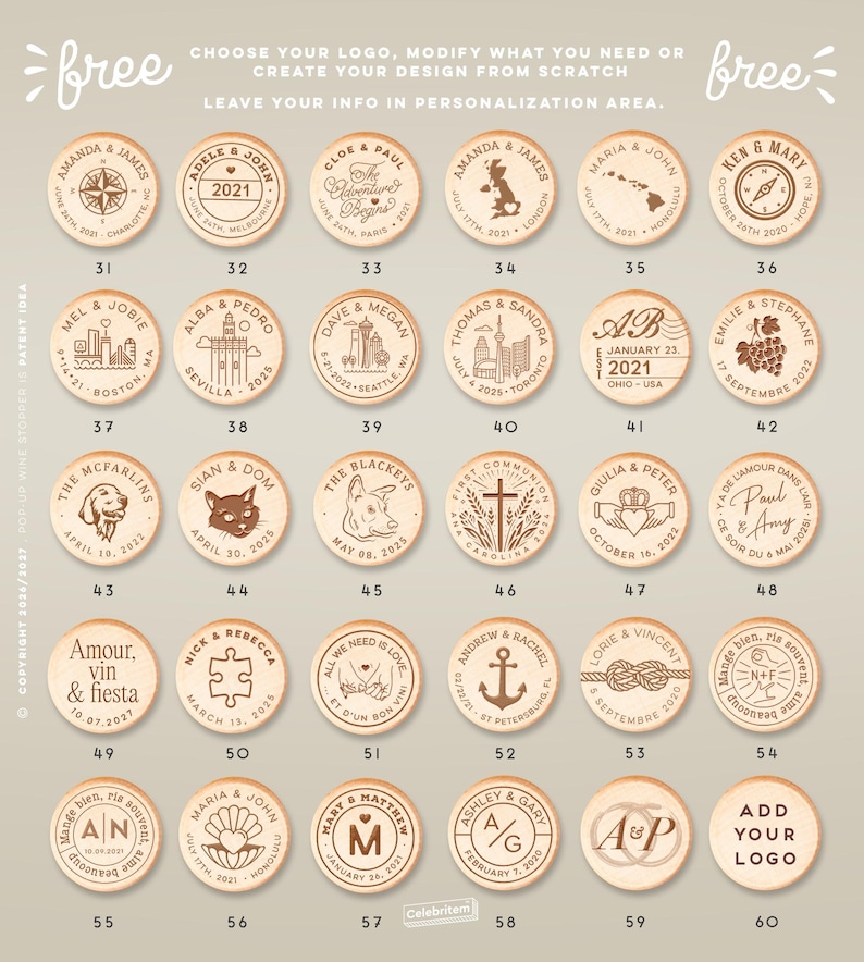 May include: Wooden bottle stoppers with engraved designs. Each stopper features personalized text, dates, and graphics, including city skylines, compasses, and illustrations of animals. The stoppers are round and made of light-colored wood.