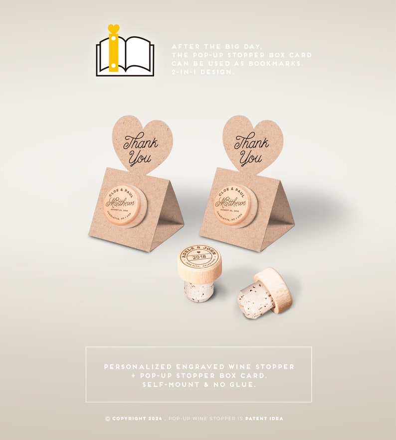 Wedding Favors Personalized Wine Cork Stopper with Thank You KRAFT Pop-up Stopper Stand CARD Original idea Free Shipping image 1