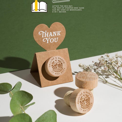 Personalized Wedding Favor: Engraved Wine Cork Stopper with Thank You Kraft Card - Double-Duty Decor