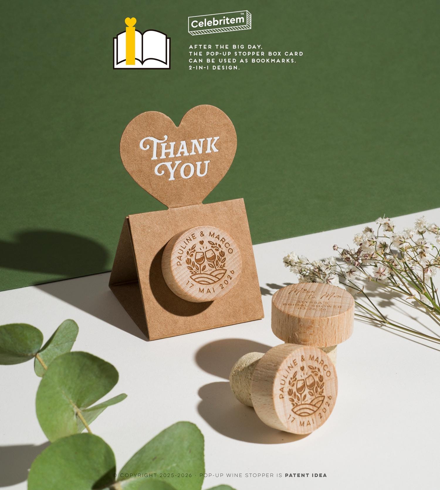 Bouchon de liège gravé et carte pop-up pour mariage Bouchon de liège gravé et carte pop-up pour mariage