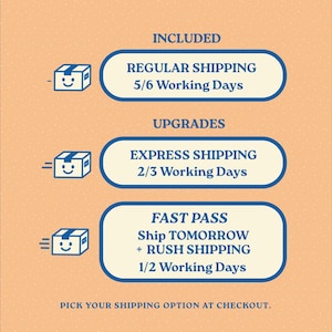 May include: An image with shipping options. Includes Regular Shipping (5/6 working days), Express Shipping (2/3 working days), and Fast Pass with Rush Shipping (1/2 working days). The text "Pick your shipping option at checkout" is at the bottom.