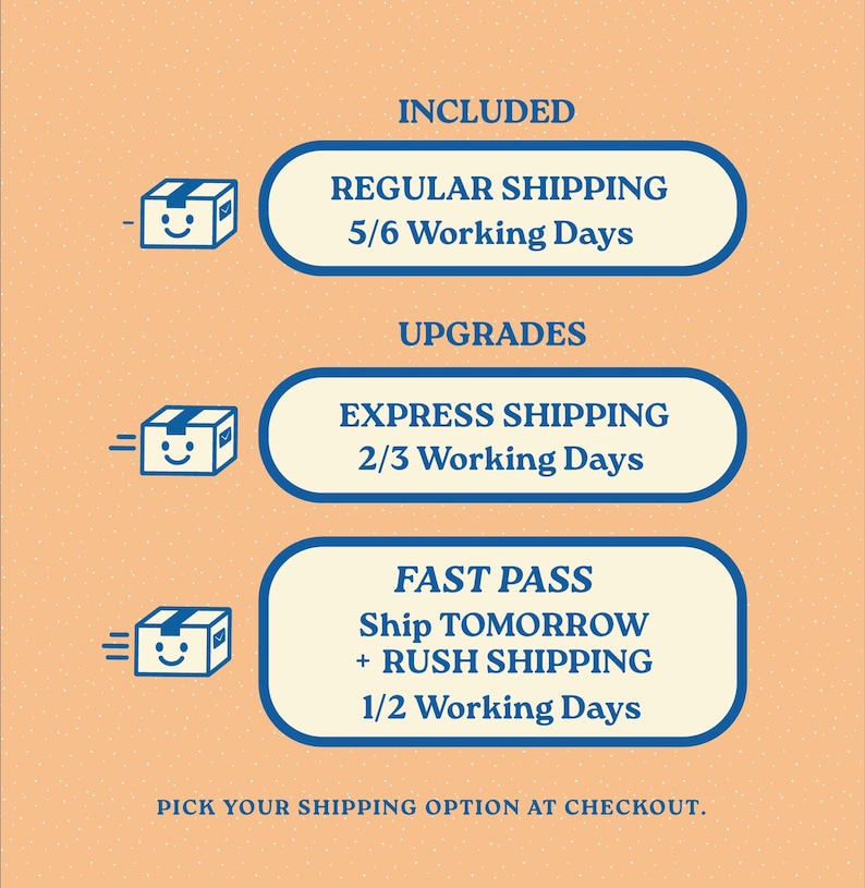 May include: An image with shipping options. Includes Regular Shipping (5/6 working days), Express Shipping (2/3 working days), and Fast Pass with Rush Shipping (1/2 working days). The text "Pick your shipping option at checkout" is at the bottom.