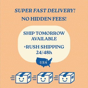 May include: An orange background with white polka dots and blue text that reads "SUPER FAST DELIVERY! NO HIDDEN FEES! SHIP TOMORROW AVAILABLE +RUSH SHIPPING 24/48h". Below is a blue USA map and three smiling boxes.